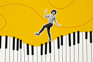Composite collage picture image of funny female dancing pianist create music musician have fun...