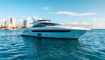 Yacht in navigation. Private luxury boat anchored off Miami beach. Summer boat vacation. Miami...