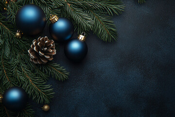 Blue christmas balls and fir with cone on dark background. Banner template for christmas, new year and festive winter parties and sales with space for text