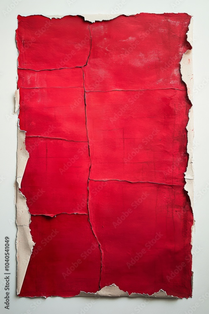 Poster vibrant abstract red artwork with textured edges on a plain background in a studio setting
