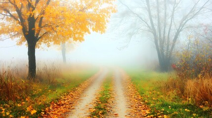 Obraz premium Misty autumn woodland, with colorful foliage and dense fog obscuring the background, perfect for tranquil and reflective nature-themed visuals.
