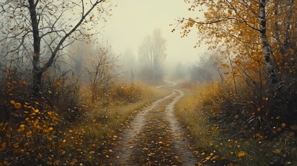 Fototapeta premium Misty autumn woodland, with colorful foliage and dense fog obscuring the background, perfect for tranquil and reflective nature-themed visuals.