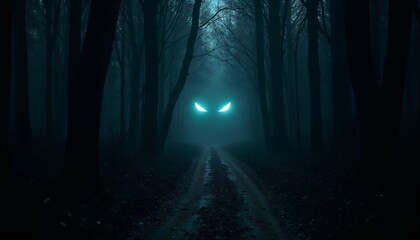 Naklejka premium A spooky forest path with eerie glowing eyes peeking through dark trees