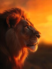 Naklejka premium Lion Silhouette in Fiery Sunset - Majestic Profile of the King of the Jungle in Golden Light