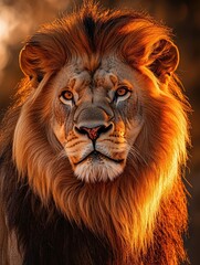 Naklejka premium Fierce Lion in Golden Light - Captivating Close-Up of the King of the Jungle with Intense Gaze