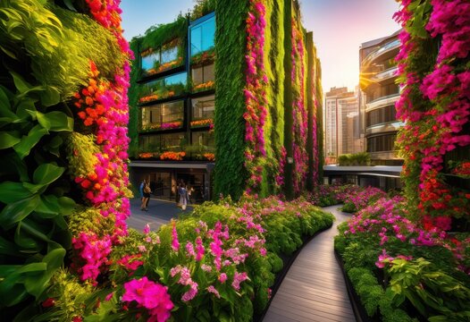 vibrant vertical gardens transforming urban spaces lush greenery colorful plant life fresh aesthetic, plants, flowers, habitat, landscape, ecosystem