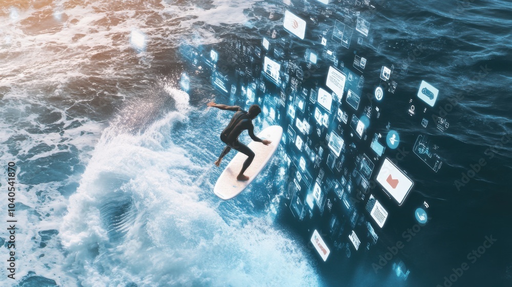 Poster a dynamic scene of a person using a giant smartphone as a surfboard, navigating through a sea of flo