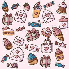 A set of hand-drawn elements, a Valentine's Day vector image. Gifts, hearts, balloons, envelopes, desserts, floral bouquets, candies, and other decorations. Cartoon style. Perfect for stickers