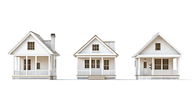 Collection of Small White Houses With Porches on Clear Background Generative AI