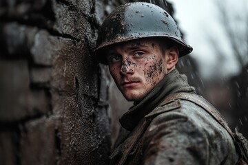 Obraz premium A soldier in a muddy, war-torn environment wearing a helmet and military attire stands with a solemn expression against a trench wall, embodying resilience and determination.