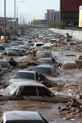 A flooded roadway with submerged cars, illustrating severe water damage and the aftermath of extreme weather conditions.