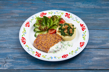 meat with mashed potato and salad
