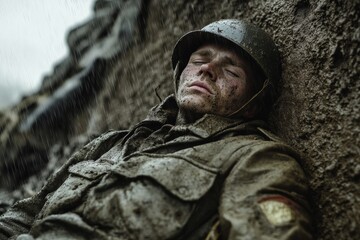 Obraz premium A soldier, eyes closed and covered in dirt, leans against a muddy trench wall, symbolizing exhaustion and stillness amidst chaos, captured in monochrome.