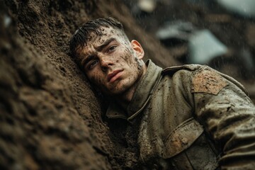 Fototapeta premium A soldier lies in a trench with mud on his face, looking alert and intense, as rain falls, capturing a sense of vigilance and survival under fire.