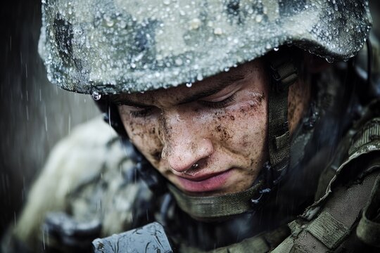 A soldier looks downward, reflecting amidst falling raindrops, portraying thoughtfulness and introspection during challenging times in a military environment. - Powered by Adobe