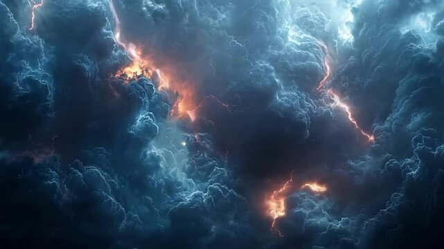 Blue and white lightning strikes through dark blue clouds, generative ai