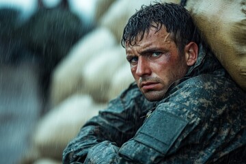 Fototapeta premium A soldier in camouflage leans against sandbags in the rain, his face showing tension and exhaustion, capturing the harsh realities of military life.