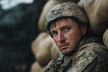 Fototapeta premium A soldier with a thoughtful, weary expression sits by sandbags as rain pours down, illustrating the contemplative and challenging nature of military duty.