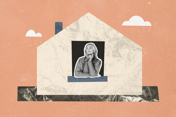 Creative poster collage elder woman grandmother retired pensioner sit home depression loneliness...