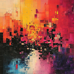 Obraz premium pixelated digital mosaic in warm tones of red and orange, suggesting the chaotic beauty of urban sunsets