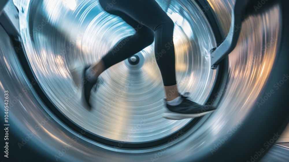 Poster A dynamic shot of a person running on a hamster wheel, symbolizing the repetitive cycle of daily routines, Indoor gym
