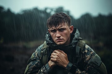 Obraz premium A soldier stands in the rain, gripping his collar tightly, wearing a focused expression. The image captures emotion and determination, set against a stormy backdrop.