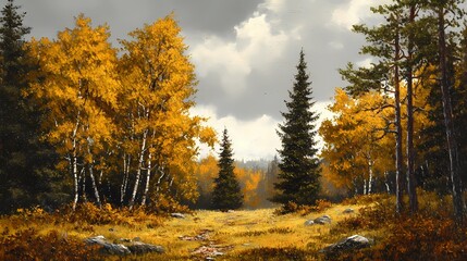 Fototapeta premium Misty autumn woodland, with colorful foliage and dense fog obscuring the background, perfect for tranquil and reflective nature-themed visuals.