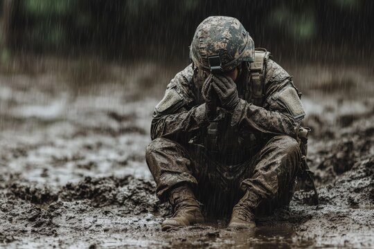 In a muddy battlefield, a soldier covers his face from the pouring rain. The chaotic weather mirrors his exhaustion and determination in the face of adversity.
