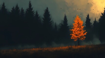 Fototapeta premium Misty autumn woodland, with colorful foliage and dense fog obscuring the background, perfect for tranquil and reflective nature-themed visuals.