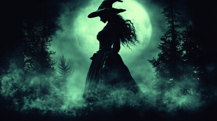 on a foggy night with the light of a full moon the witch is flying to cast a spell