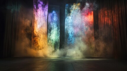 Colorful Fog Illuminated Stage with Curtains