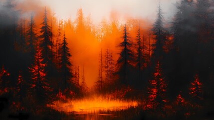 Obraz premium Misty autumn woodland, with colorful foliage and dense fog obscuring the background, perfect for tranquil and reflective nature-themed visuals.