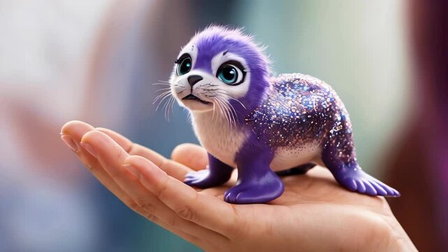 Tiny Purple Seal Pup with Glittering Fur on a Hand
