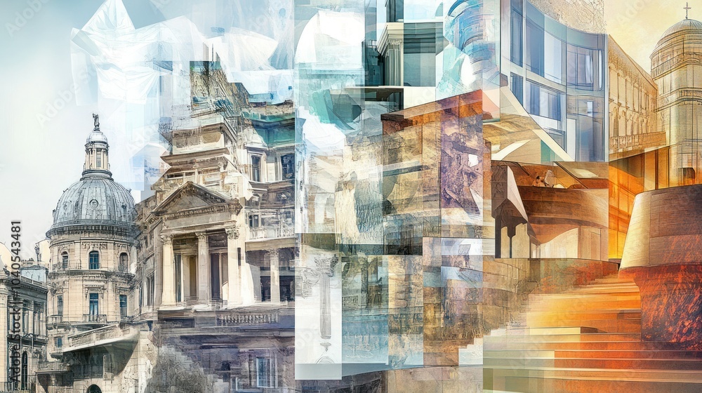 Aufkleber abstract architectural collage with overlapping buildings and staircase
