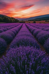 Fototapeta premium Beautiful lavender fields under a colorful sunset in rural France during summer season