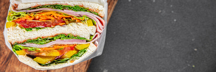 sandwich food vegetables and ham meat spam fresh meal food snack on the table copy space food background rustic top view