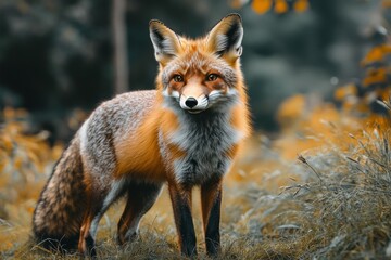 Fototapeta premium A red fox stands gracefully in a forest clearing surrounded by autumn foliage during daylight