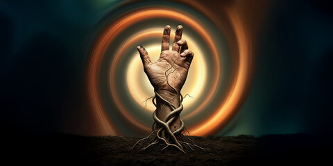 Hand, Fingers & Arm Growing out the Earth & Dirt with Plands & Roots, Surreal Colorful Background Graphic