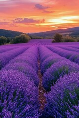 Obraz premium Beautiful lavender fields under a colorful sunset in rural France during summer season
