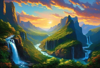 stunning scenic landscape majestic mountains amidst jewel toned waterfalls vibrant colors, summit, peak, cascade, nature, vista, valley, rock, stone