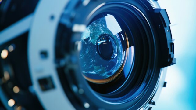 A detailed close-up of a satellite-based Earth observation camera lens, capturing high-resolution images for environmental monitoring, Remote sensing technology style