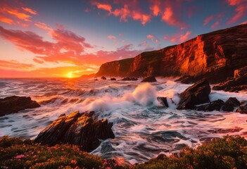 Fototapeta premium vibrant coastal waves showcasing power beauty nature dynamic motion lush color palette, beach, ocean, sea, water, sky, sand, storm, foam, shore, blue, green