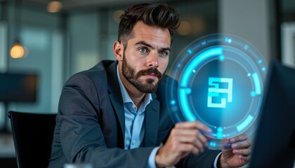 Futuristic Technology Concepts Person Interacting with Holographic Interface in Modern Workspace