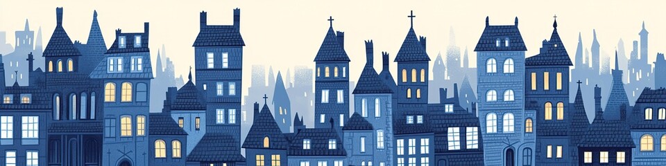 Fototapeta premium Silhouetted cityscape with variety of building shapes at dusk.