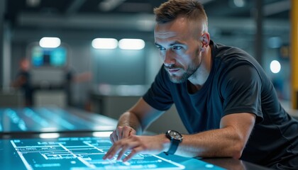 Futuristic Technology Concepts Person Interacting with Holographic Interface in Modern Workspace
