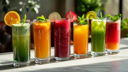 Fototapeta premium A selection of vibrant, fresh juices, made from a variety of fruits and vegetables, displayed on a white table. Refreshing and healthy