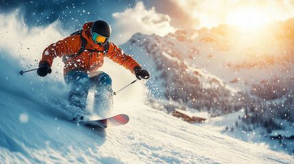 Winter Sports Enthusiasts Skiing Thrilling Slopes at a Mountain Resort During Sunset