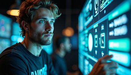 Futuristic Technology Concepts Person Interacting with Holographic Interface in Modern Workspace