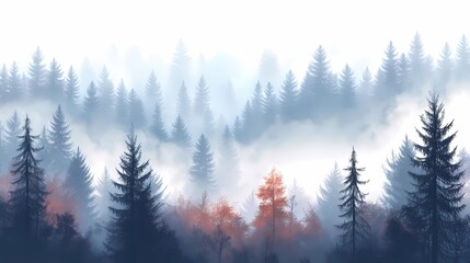 Foggy morning in an autumn forest, with orange and yellow leaves on the trees, creating a peaceful and calming seasonal landscape.