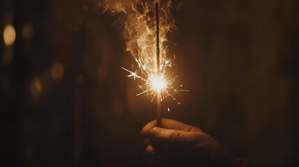 A hand holding a lit sparkler at night, emitting bright sparks in the darkness